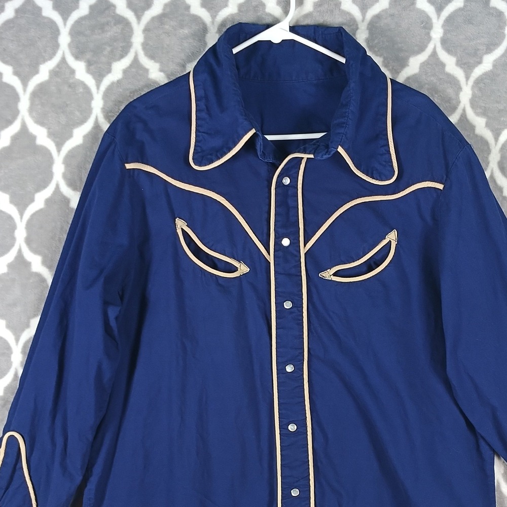 Vintage Western Pearl Snap Shirt Mens XL Blue Rockabilly Square Dance Piping